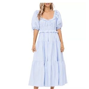 En Saison Poplin Puff-Sleeve Tiered Midi Dress (size S)